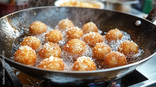 Fried food balls in pan, delicious snack photo