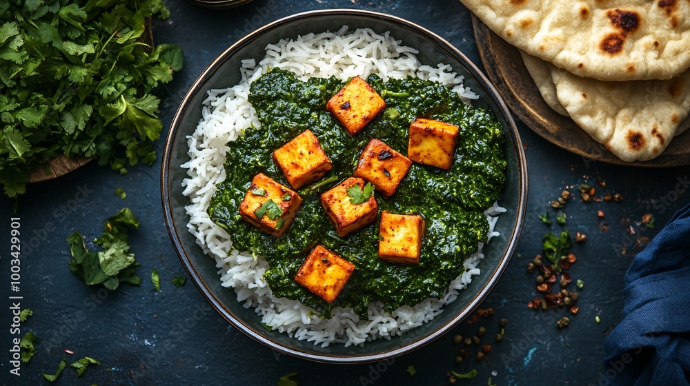 Delicious spinach and paneer dish with rice Delicious spinach and paneer dish with rice