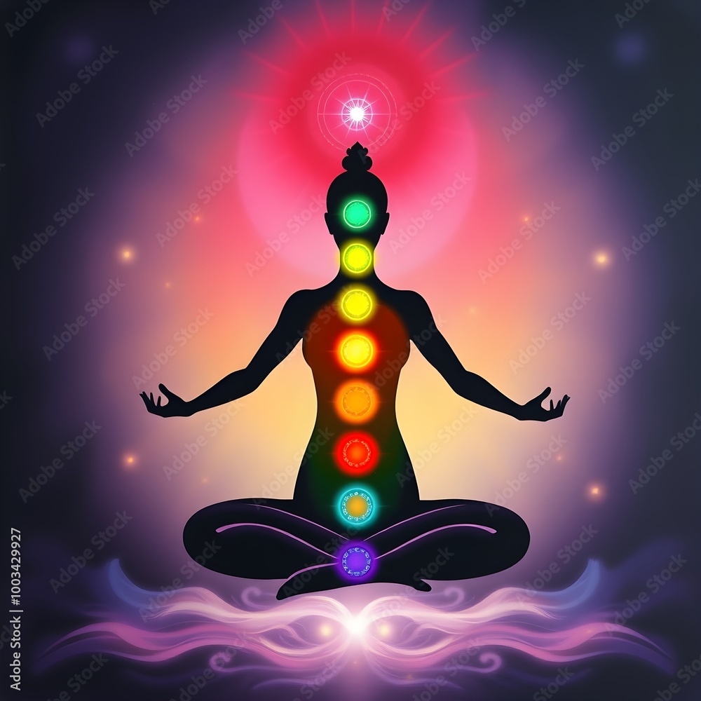 seven chakras of the human A serene silhouette of a woman in a lotus position, radiating vibrant energy. The image evokes peace, tranquility, and spiritual connection. It is for meditation. seven chakras of the human A serene silhouette of a woman in a lotus position, radiating vibrant energy. The image evokes peace, tranquility, and spiritual connection. It is for meditation.