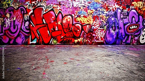 A concrete wall with colorful graffiti art, perfect for a backdrop or a urban scene.