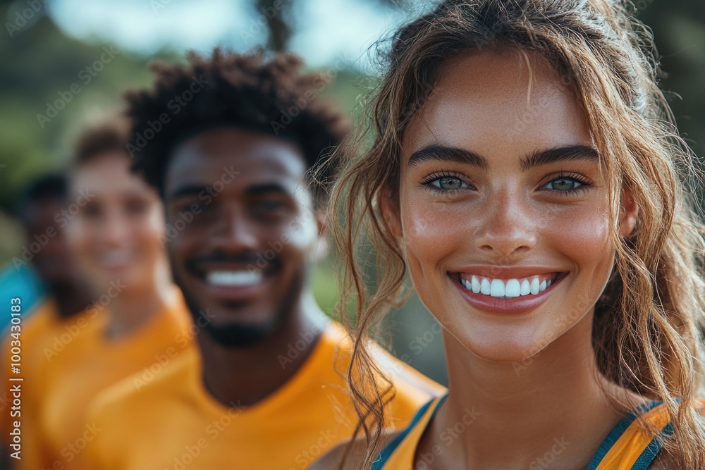 Diverse Young Athletes Embracing Love and Motivation Against a Beautiful Natural Backdrop Diverse Young Athletes Embracing Love and Motivation Against a Beautiful Natural Backdrop