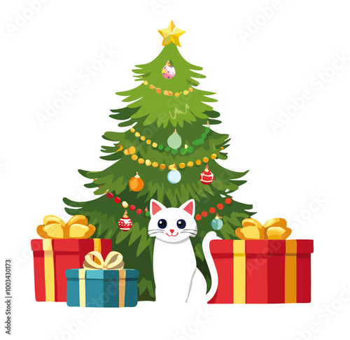 Christmas gifts under the tree with a white cat