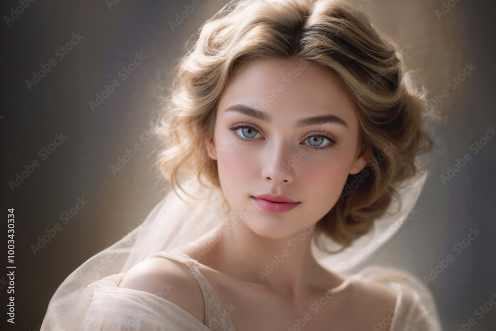 Fototapeta premium A beautiful young woman with wavy blonde hair and blue eyes gazes softly into the distance with a serene and dreamy aura. 