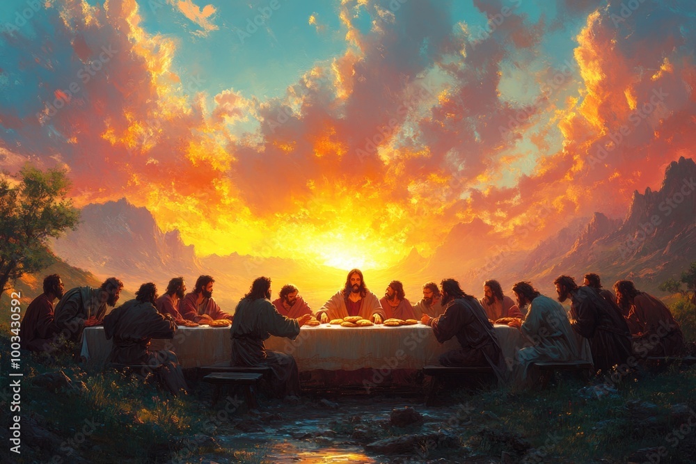 The Last Supper Depicted with Jesus Christ at the Center Sharing Bread and Fellowship