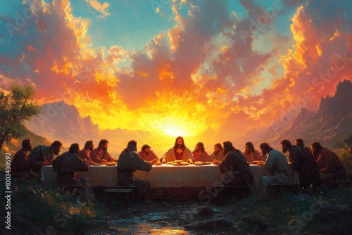 Obraz na płótnie The Last Supper Depicted with Jesus Christ at the Center Sharing Bread and Fellowship w salonie