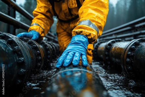 Person in Yellow Jacket and Blue Gloves Inspects Pipelines for Maintenance and Repair Tasks