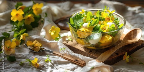 Fototapeta Naklejka Na Ścianę i Meble -  Cowslip creeper displayed in a glass bowl with eggs on a rustic wooden cutting board, accompanied by a wooden fork and spoon, featuring vibrant edible flowers on a white tablecloth.