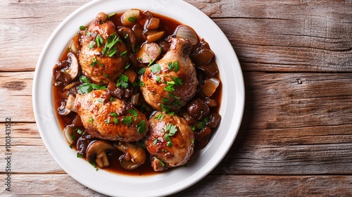 Delicious cooked chicken dish on wooden table