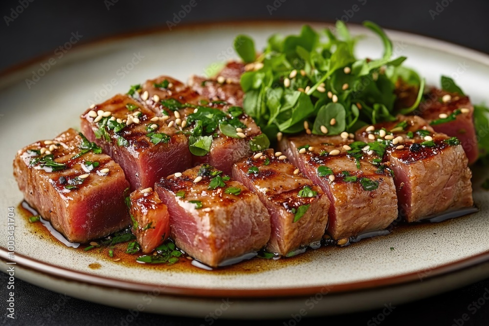 Elegant Presentation of Thinly Sliced Tuna Garnished with Sesame Seeds on a White Plate Elegant Presentation of Thinly Sliced Tuna Garnished with Sesame Seeds on a White Plate