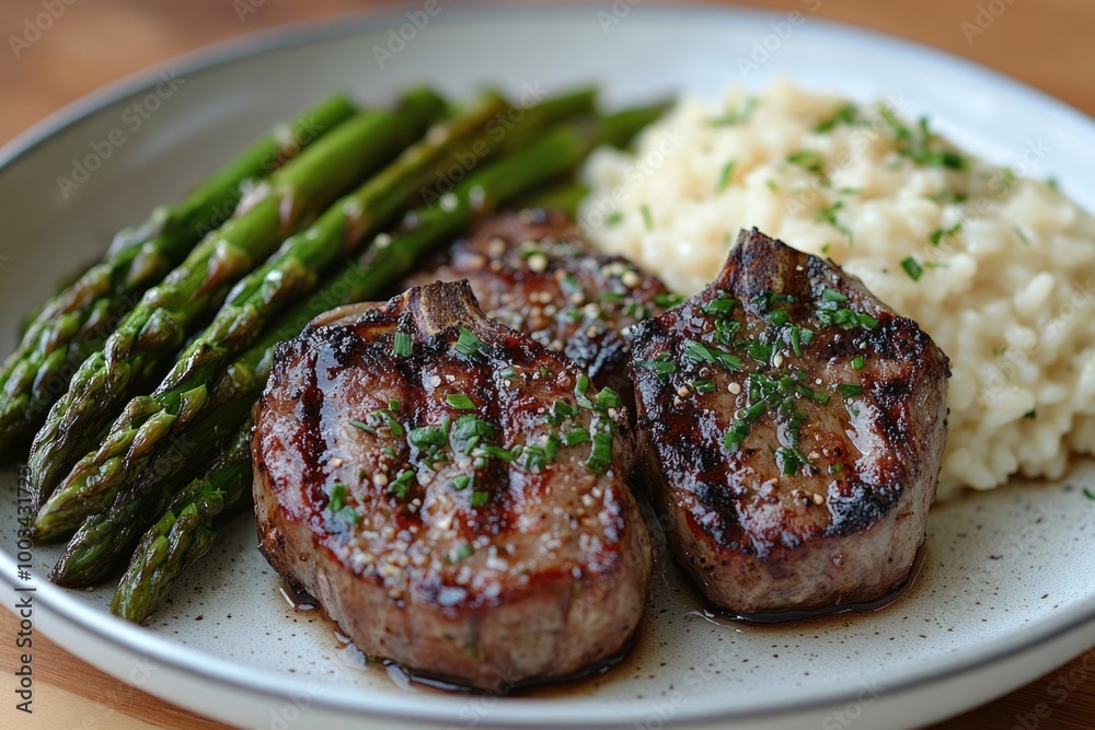 Savoring Tender Lamb Chops with Charred Asparagus and Creamy Risotto Delight