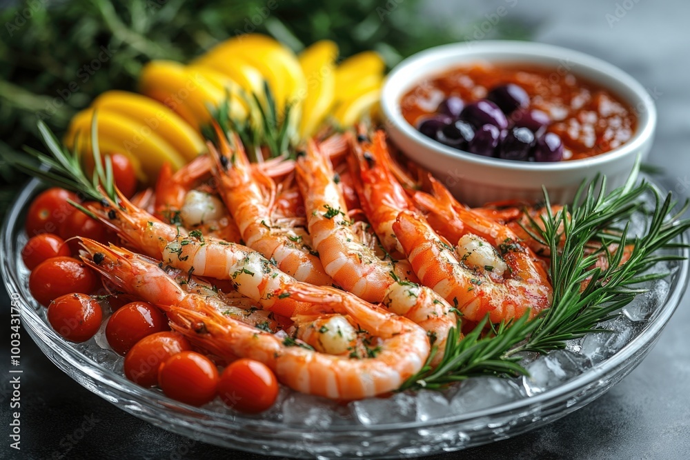 Fresh Shrimp and Colorful Vegetables Served on Ice with a Delicious White Sauce for Dipping Fresh Shrimp and Colorful Vegetables Served on Ice with a Delicious White Sauce for Dipping