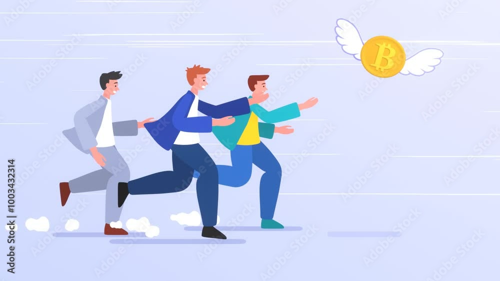 2d animation of people running and chasing bitcoin flying away. Obsession with cryptocurrency, seeking profit 2d animation of people running and chasing bitcoin flying away. Obsession with cryptocurrency, seeking profit