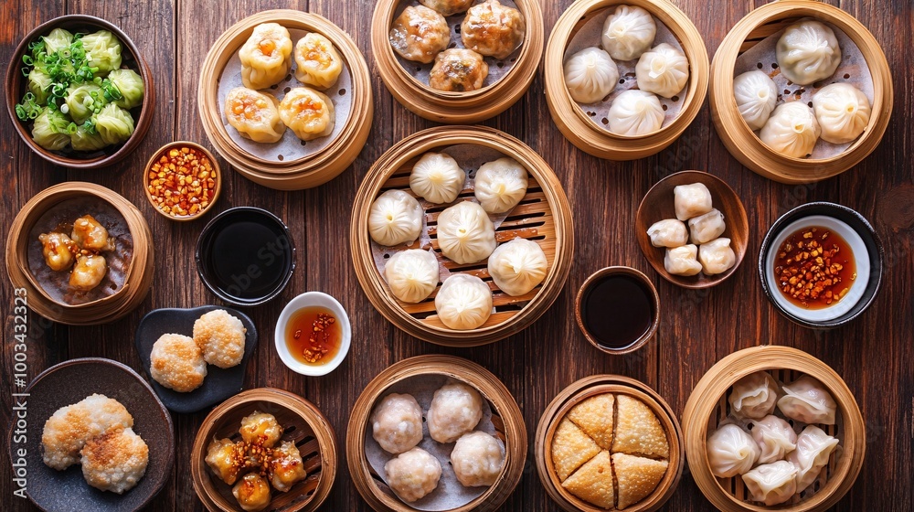 Assorted dim sum in bamboo steamers. Assorted dim sum in bamboo steamers.