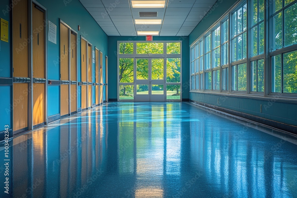 Morning Light Illuminates a Serene School Corridor with Classroom Doors and Windows Morning Light Illuminates a Serene School Corridor with Classroom Doors and Windows