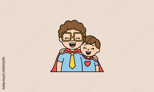 Two happy kids in superhero costumes, arms around each other