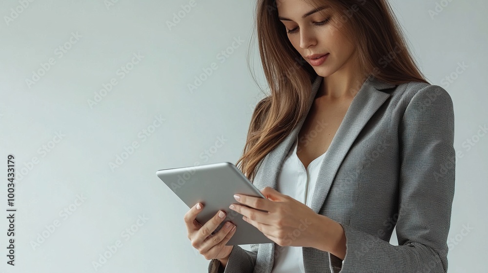 Young Woman Holding Tablet in Professional Setting Young Woman Holding Tablet in Professional Setting