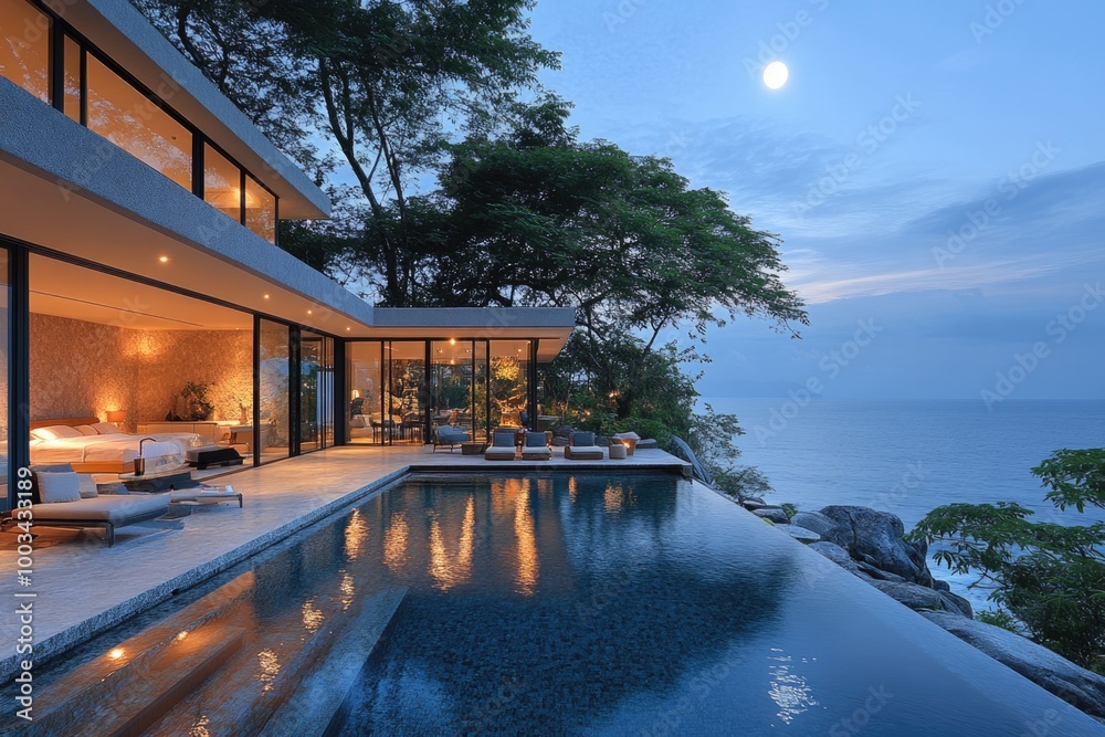 Moonlit Serenity: A Coastal Villa with a Glowing Pool Under the Stars Moonlit Serenity: A Coastal Villa with a Glowing Pool Under the Stars
