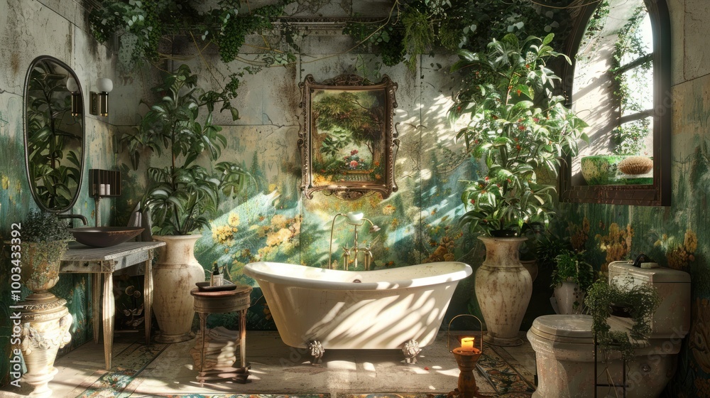Obraz premium Artistic bathroom design with elegant vases and comfortable bathtub AI generated image