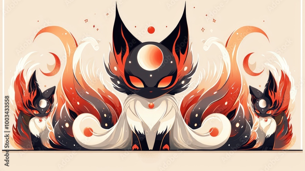 Naklejka premium Mystical Fox with Fire and Moon Tails