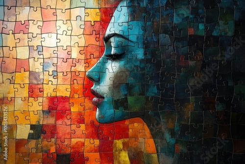Silhouette of Identity Merges with Colorful Puzzle Pieces Symbolizing Thought and Creativity