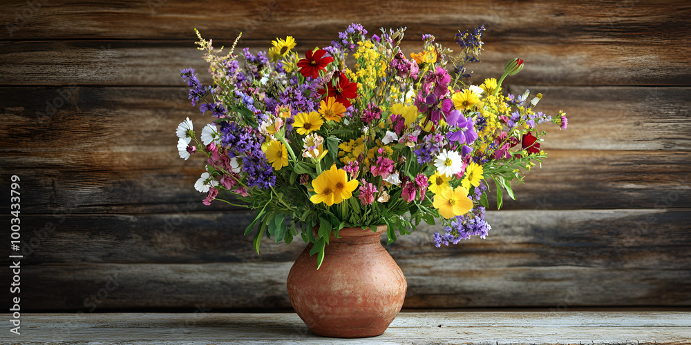 custom made wallpaper toronto digitala vase filled with flowers sitting on a wooden shelf. The vase is made of clay.