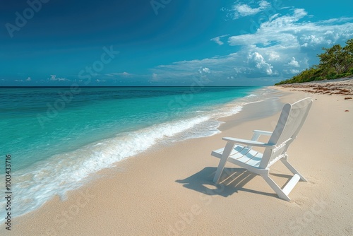 Solitude on the Shore A White Beach Chair Embraces the Calm of the Ocean Waves