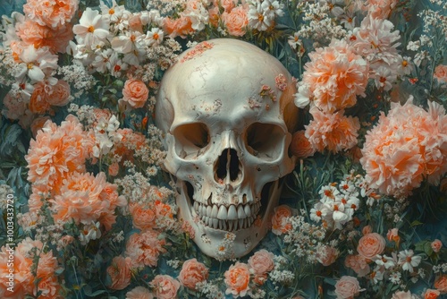 A Beautiful Contrast of Life and Death with a Skull Adorned by Vibrant Flowers