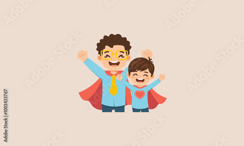 Two happy kids in superhero costumes, arms around each other