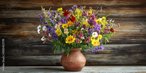 Wallpaper Mural a vase filled with flowers sitting on a wooden shelf. The vase is made of clay. Torontodigital.ca