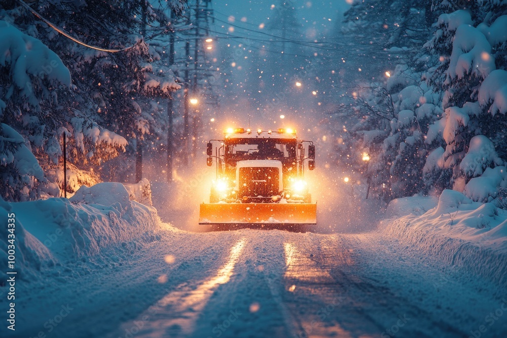 Snowplow Illuminates Dark Evening as It Clears Heavy Snowfall Under Streetlights Snowplow Illuminates Dark Evening as It Clears Heavy Snowfall Under Streetlights