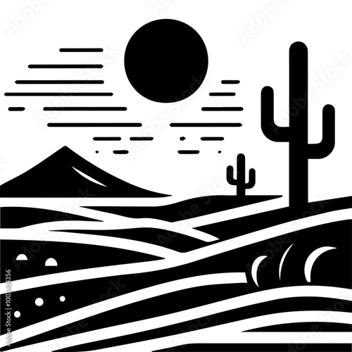 Modern Minimalist Desert Silhouette with Cactus for Apparel