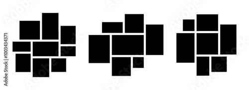 Image collage layout set. Black mosaic mood board grid collection. 7-9 picture composition arrangement. Photo album template for banner, poster, mockup, flyer, brochure, pamphlet, memory wall. Vector
