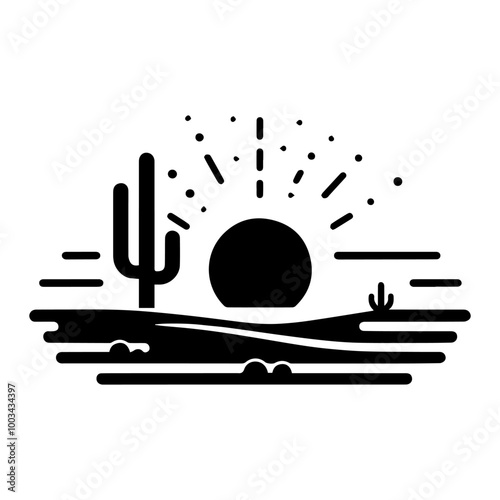 Minimalist Desert Silhouette with Angular Cactus for Logo and T-Shirt Design