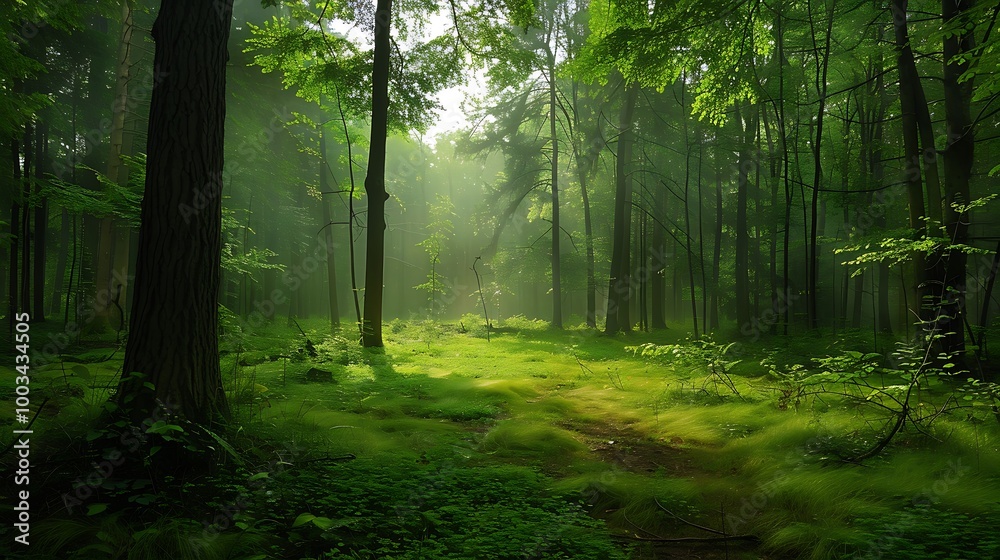 Fototapeta premium Sunlight peeks through a dense forest, illuminating a mystical path. The green foliage and mist create a sense of serenity and tranquility.