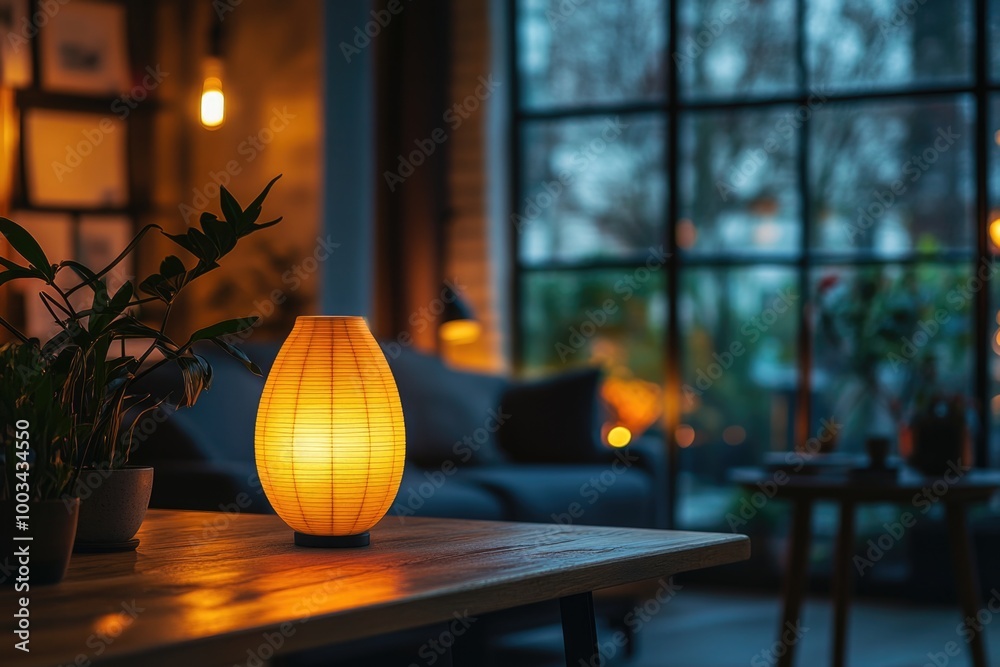 Serene Nighttime Ambiance of a Contemporary Room with a Wooden Tabletop and Soft Lamp Light