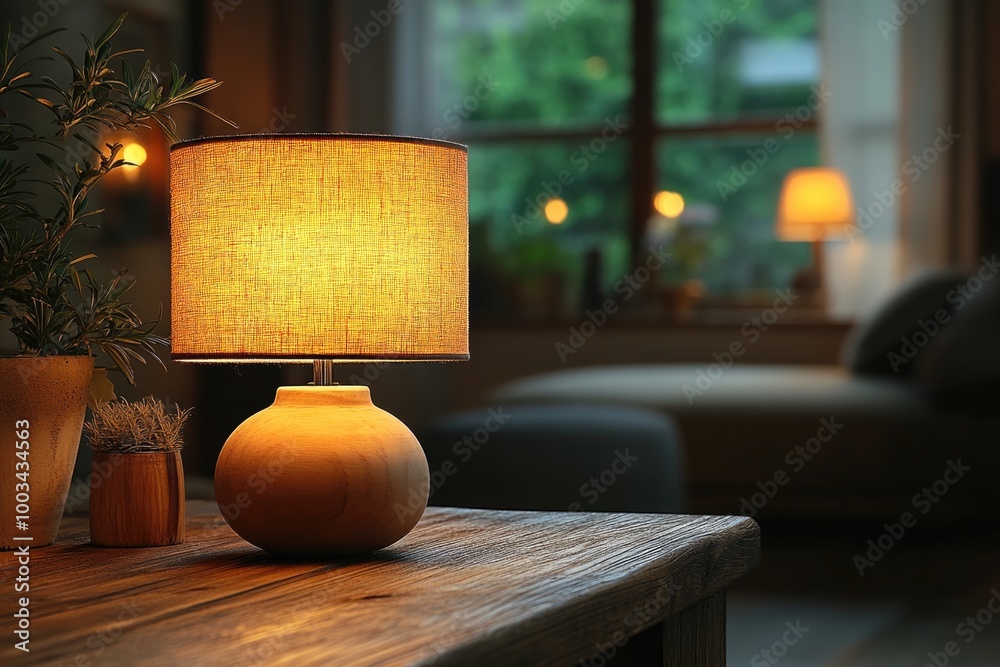 Serene Nighttime Ambiance of a Contemporary Room with a Wooden Tabletop and Soft Lamp Light