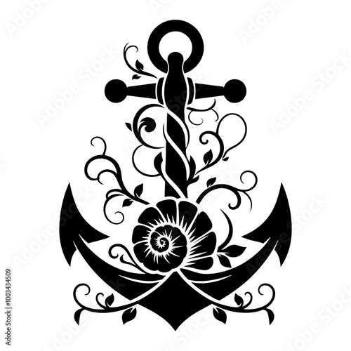 Elegant Floral Anchor with Vines for Nautical Logo and T-shirt Design