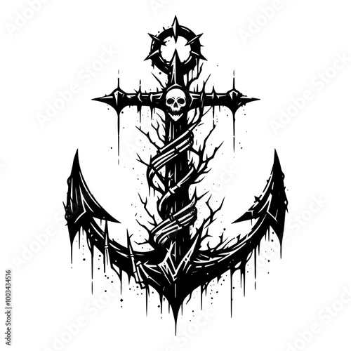 Aggressive Gothic Anchor with Claw and Skull Detailing for Bold T-Shirt Design
