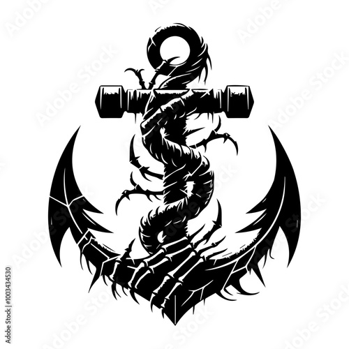 Grunge Nautical Anchor with Wrapped Vines and Skeleton Motif for T-Shirt Design