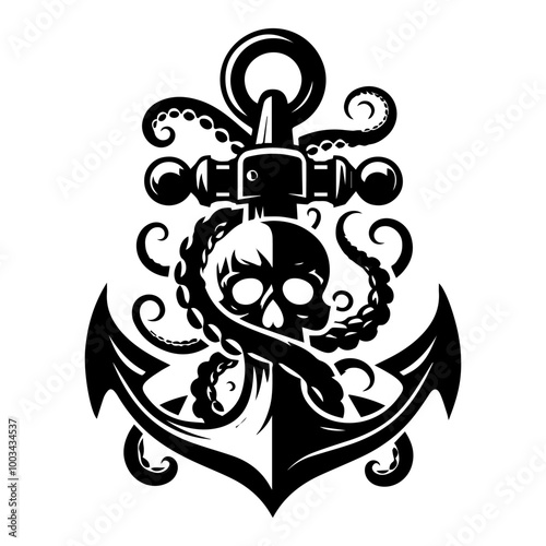 Dark Gothic Anchor with Skull and Tentacle Elements for T-Shirt Design