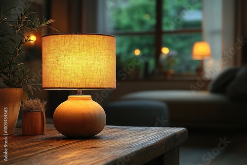 Obraz na płótnie Serene Nighttime Ambiance of a Contemporary Room with a Wooden Tabletop and Soft Lamp Light w salonie