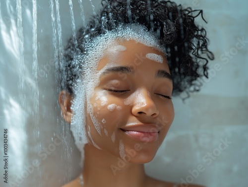 Mulher relaxa sob o chuveiro, permitindo que a água leve todo o estresse do dia. A imagem transmite calma, renovação e autocuidado, convidando a um momento de paz e tranquilidade photo