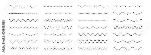 Dashed wave line set. Dotted dividers or separators design element collection. Broken wavy stroke pack for underline, emphasis, highlight. Repeated dash zigzag lines bundle. Vector