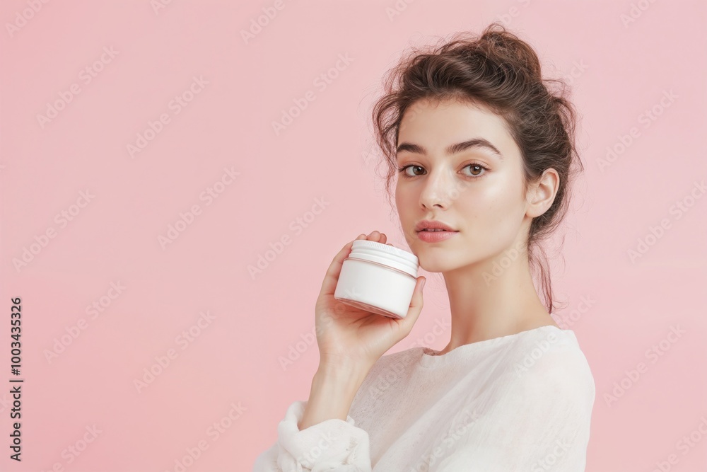 Uma linda jovem segurando creme corporal em uma imagem minimalista de fundo rosa, que fala sobre estética, beleza e bem estar. Uma linda jovem segurando creme corporal em uma imagem minimalista de fundo rosa, que fala sobre estética, beleza e bem estar.