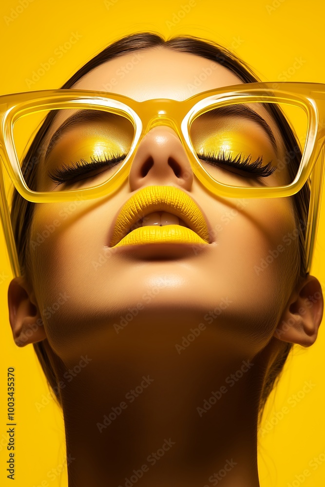 Bold Yellow Fashion Portrait with Transparent Glasses Bold Yellow Fashion Portrait with Transparent Glasses