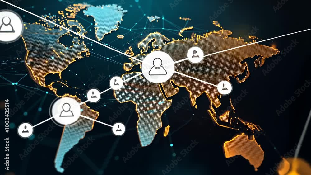 A digital map of the world with connected profile icons representing a global network