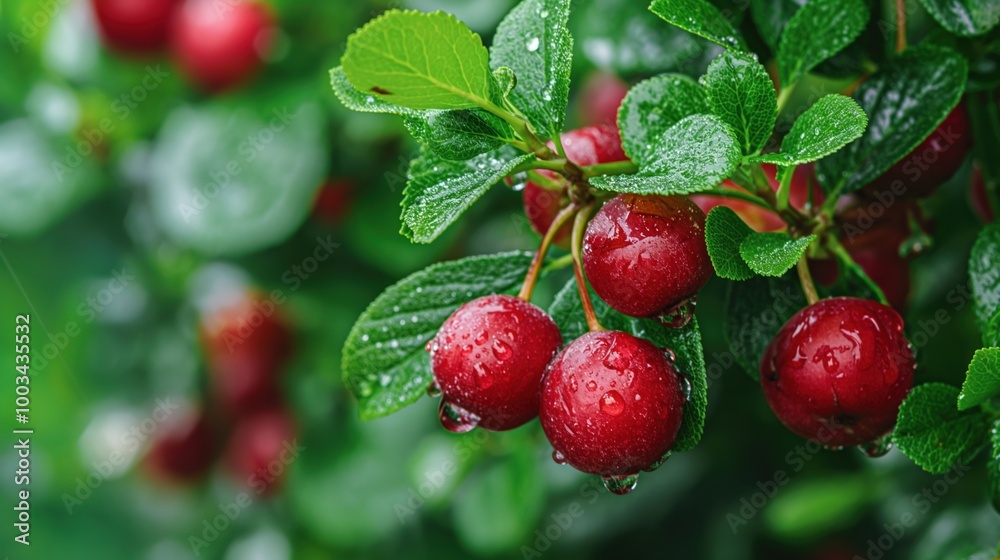 Obraz premium Bright Lingonberry, plant with water drops.