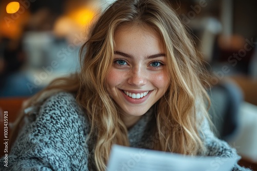 Confident University Student Enjoys Homework at Desk with a Bright Smile