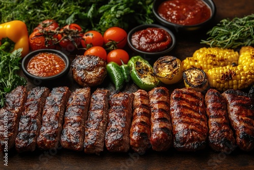 Savor the Flavor of Grilled Meats and Fresh Vegetables on a Rustic Wooden Table with Extra Sides