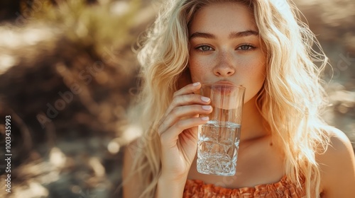 beautiful woman is drinking water photo